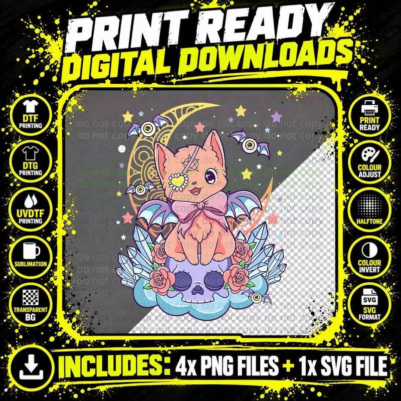 Cute Kawaii Anime Pastel Goth Cat and Skull, Fashion Png SVG Digital Bundle
