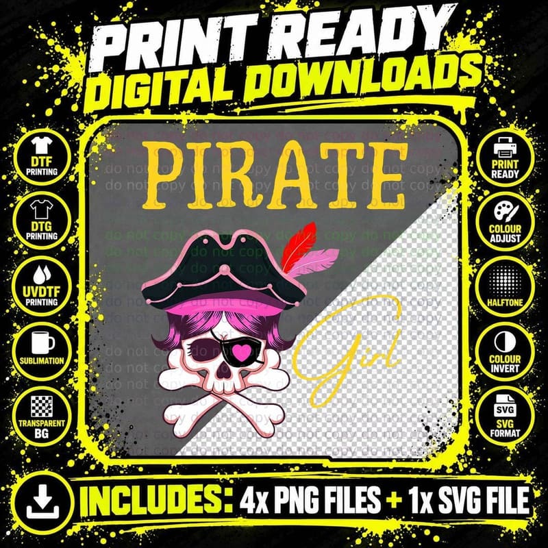 Cute Pirate Girl Skull Girl Halloween Costume Pirate Png SVG Digital Bundle