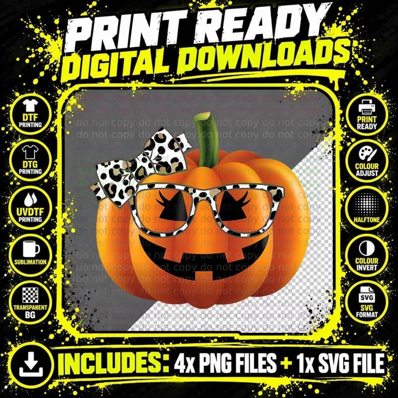 Cute Pumpkin Face with Leopard Print Glasses Girls Png SVG Digital Bundle
