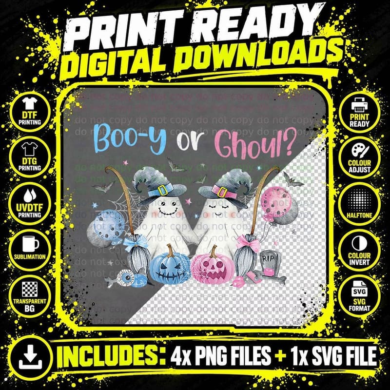 Cute Spooky Witch Ghost Boo-Y or Ghoul Gender Reveal Png SVG Digital Bundle