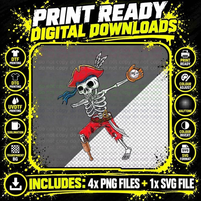 Dabbing Skeleton Baseball Pirate Vintage T-Shirt Png SVG Digital Bundle