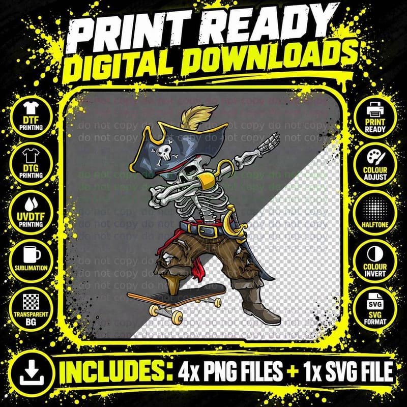Dabbing Skeleton Pirate Skateboarding Lover Halloween Png SVG Digital Bundle