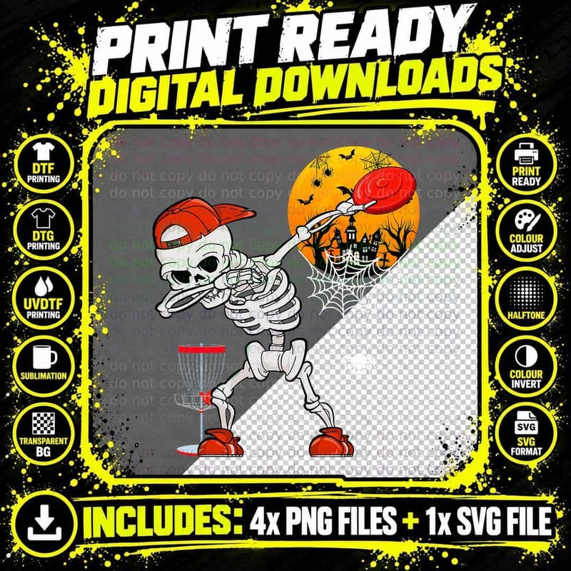 Dabbing Skeleton Playing Disc Golf Halloween Player Png SVG Digital Bundle