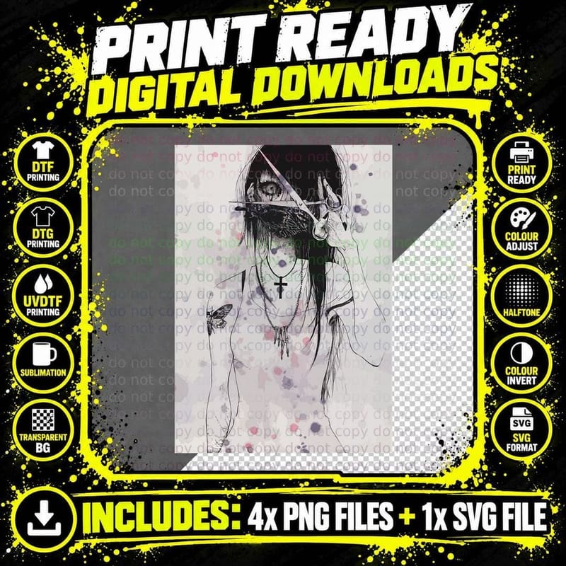 Dark Art Grunge Goth Lady with Scissors Alt Y2k Scary Png SVG Digital Bundle