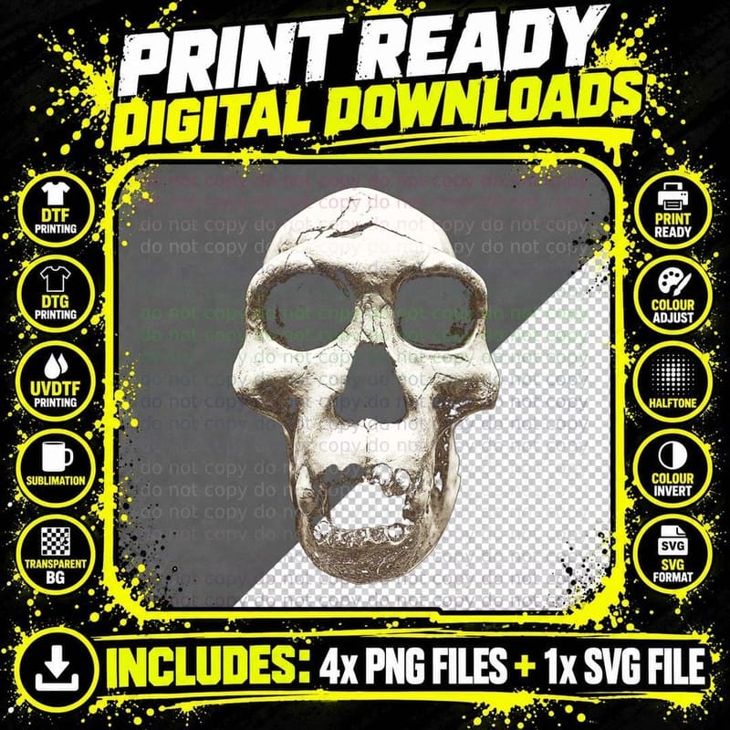 Dark Art Homo Erectus Skull - Grunge Horror Goth Png SVG Digital Bundle