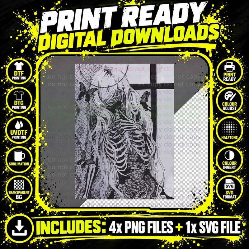 Dark Art Soft Grunge Y2k Female Skeleton Skull Butterfly Png SVG Digital Bundle