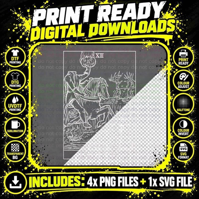 Death Tarot Card Headless Horseman Halloween Goth Back Png SVG Digital Bundle