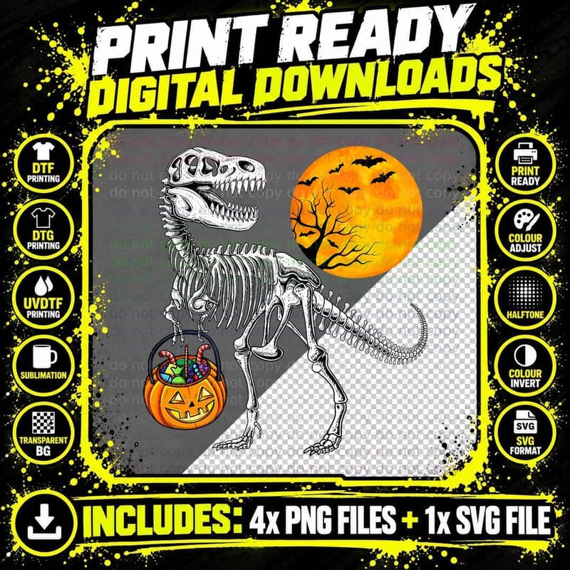 Dinosaur Skeleton T Rex Scary Pumpkin Moon Kids Png SVG Digital Bundle