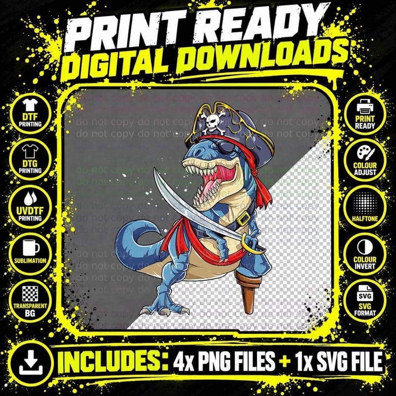 Dinosaur T Rex Pirate T Shirt Jolly Roger Halloween Png SVG Digital Bundle