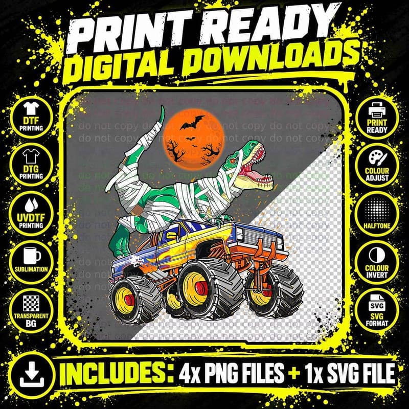 Dinosaur T-Rex Riding Monster Truck Halloween Costume Png SVG Digital Bundle