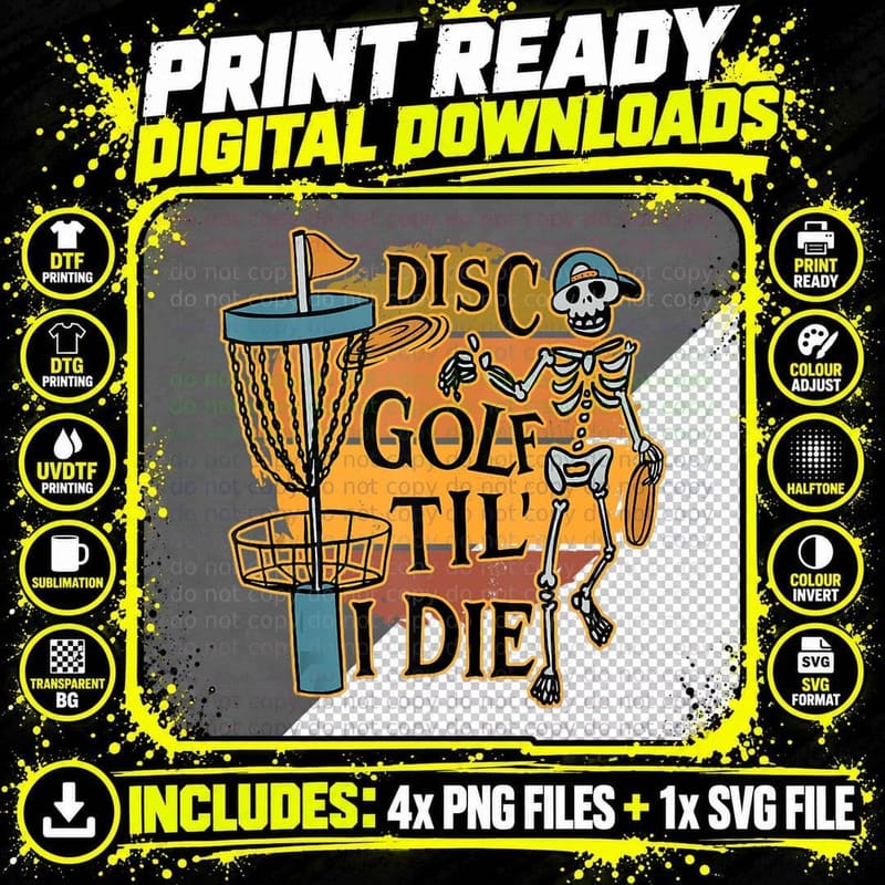 Disc Golf Til' I Die Skeleton for Men & Women, Golfing Png SVG Digital Bundle