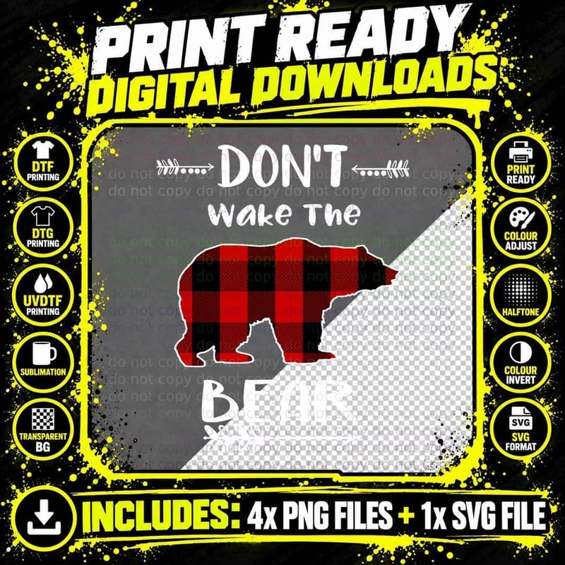 Don't Wake the Bear Black & Red Buffalo Plaid Bear Png SVG Digital Bundle