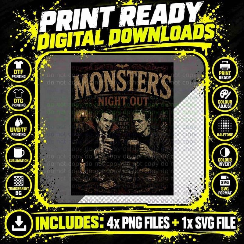 Dracula Frankenstein Monsters Night Out Horror Retro Png SVG Digital Bundle