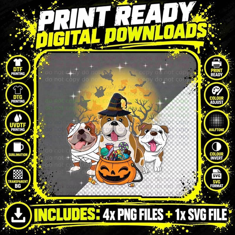 English Bulldog Mummy Witch Dog Moon Ghosts Halloween Png SVG Digital Bundle