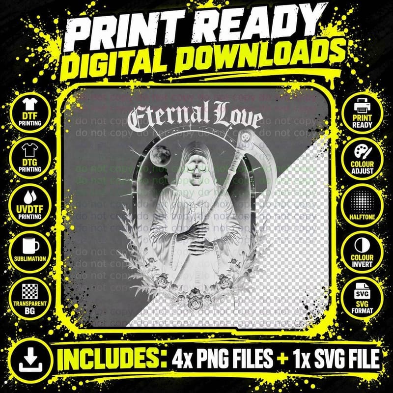 Eternal Love Grim Reaper Gothic Black and White Horror Png SVG Digital Bundle