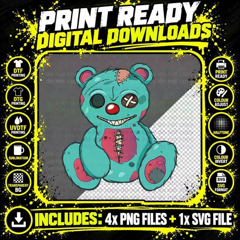 Evil Scary Teddy Bear, Creepy Teddy, Horror Style Png SVG Digital Bundle