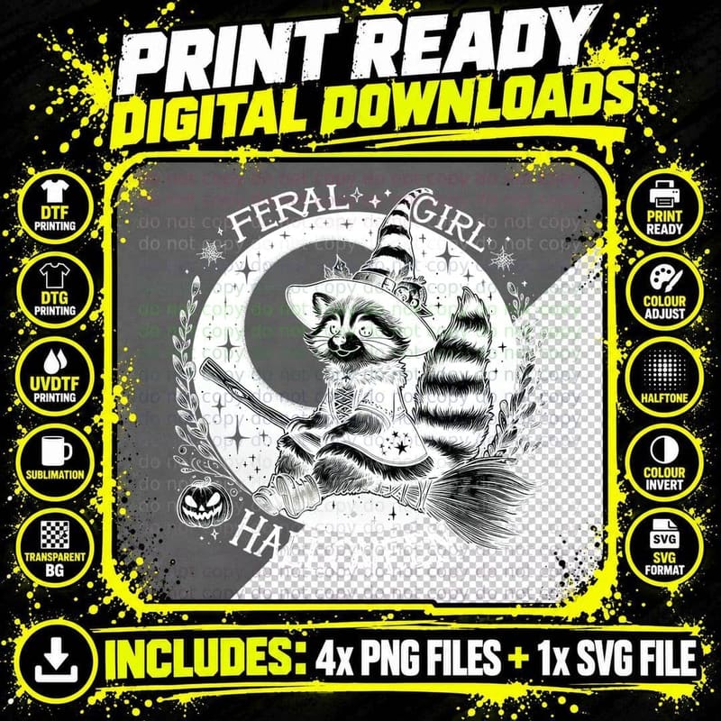 Feral Girl Halloween Raccoon, Retro Vintage Png SVG Digital Bundle