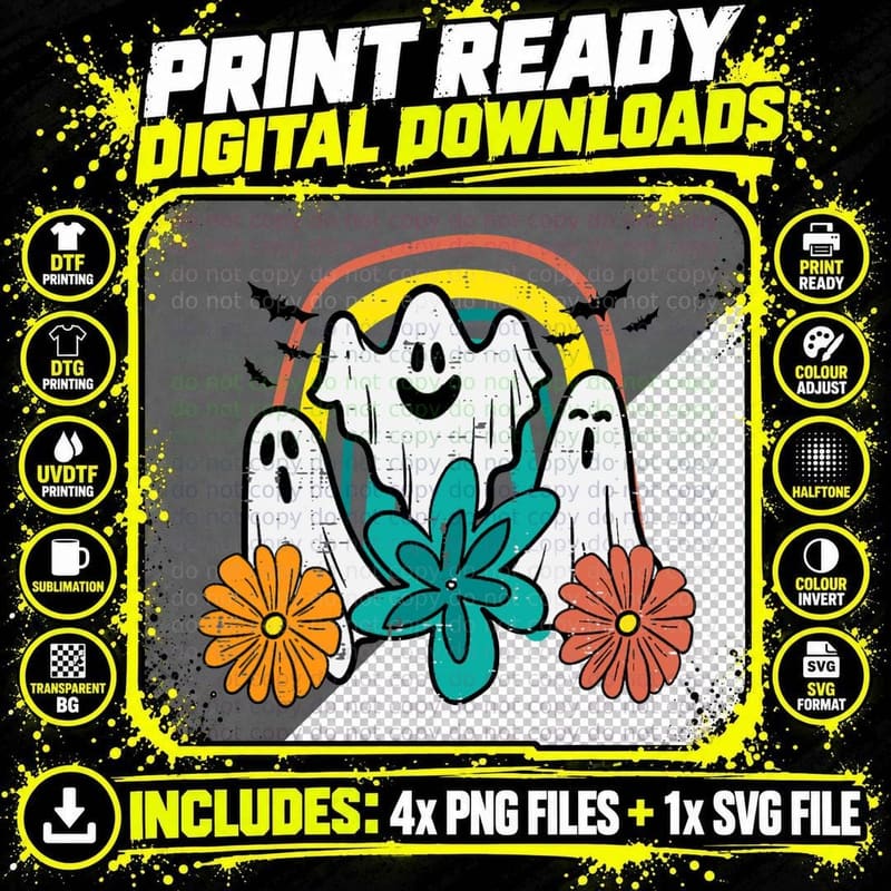 Floral Ghosts Retro Groovy Halloween Costume Men Women Png SVG Digital Bundle