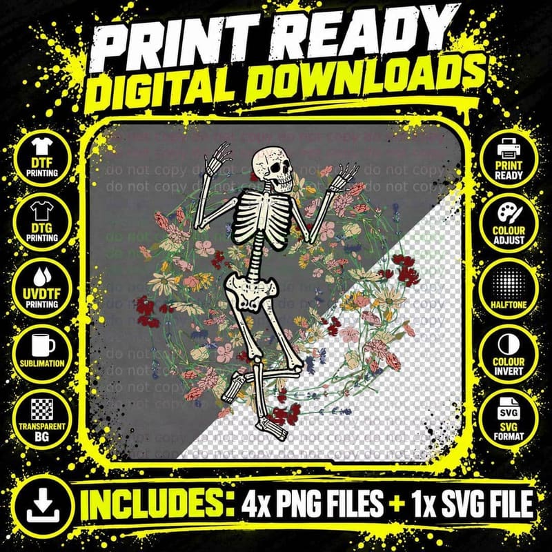Floral Skeleton Funny Goth Halloween Costume Men Women Png SVG Digital Bundle