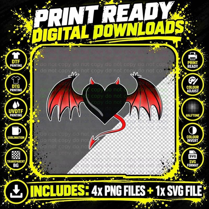 Flying Dark Evil Devil Heart Bat Wings Halloween Png SVG Digital Bundle