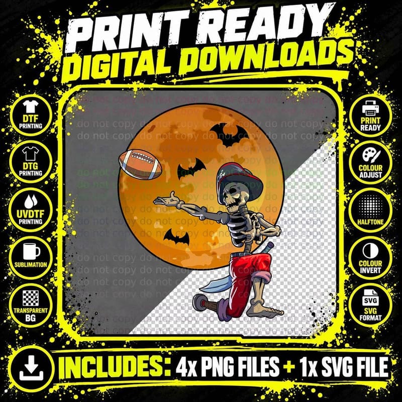 Football Skeleton Men Boys Pirate Football Halloween Png SVG Digital Bundle