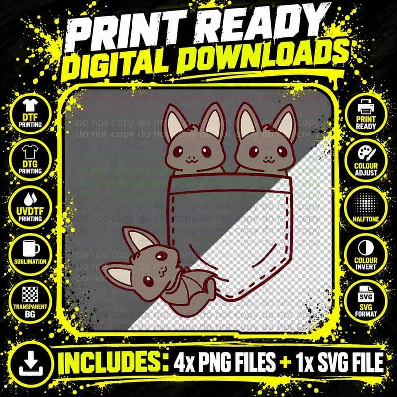 For Bat Lovers Cute Kawaii Baby Bat in Pocket Png SVG Digital Bundle