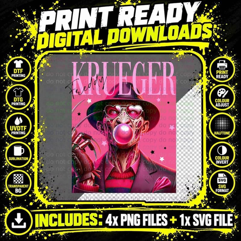 Freddy Krueger Bubblegum T-Shirt, Horror Iconic Art Png SVG Digital Bundle