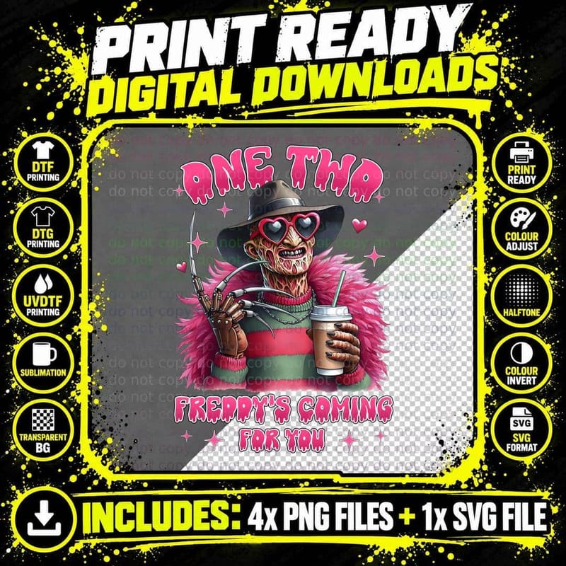 Freddy Krueger Coffee T-Shirt, Retro Horror Style Png SVG Digital Bundle