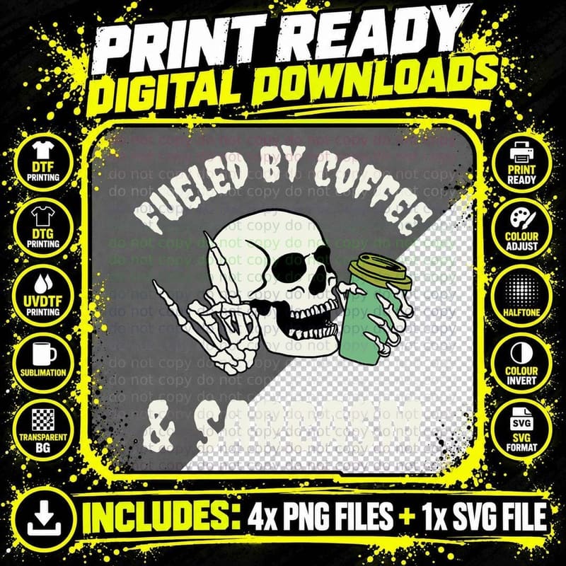 Fueled by Coffee and Sarcasm Funny Goth Gothic Skeleton Png SVG Digital Bundle