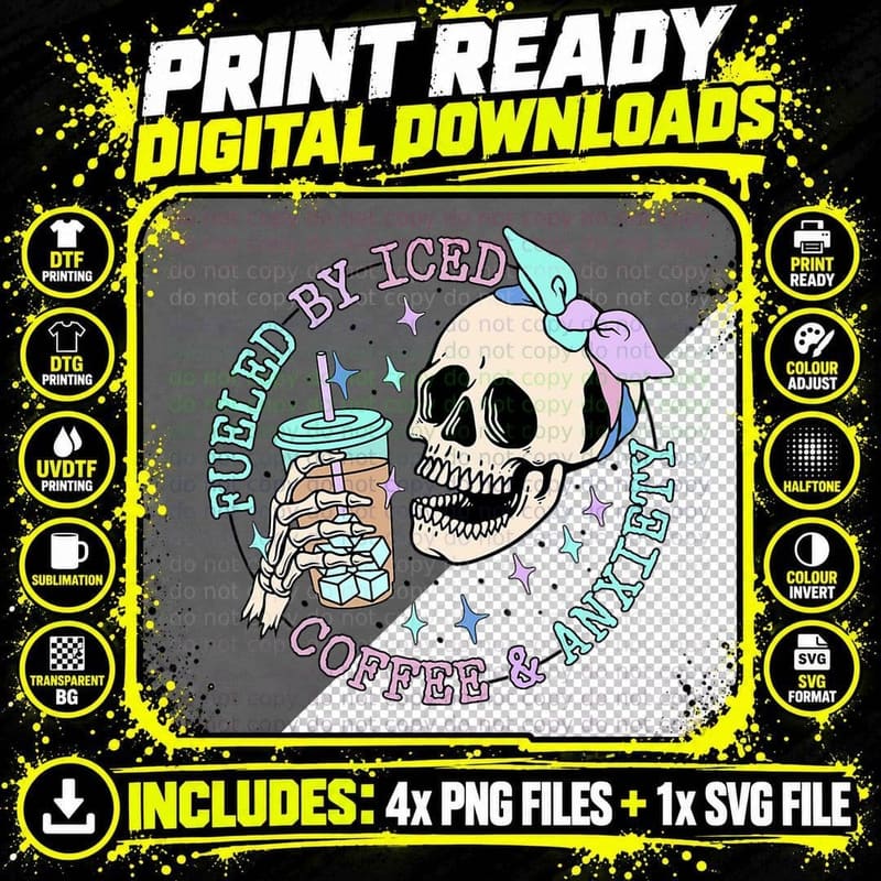 Fueled by Iced Coffee and Anxiety Skeleton Hand Bone Png SVG Digital Bundle