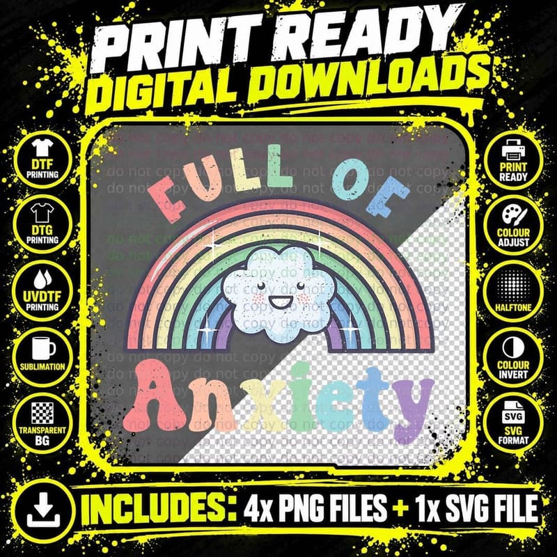 Full of Anxiety Pastel Kawaii Rainbow Goth Grunge Png SVG Digital Bundle