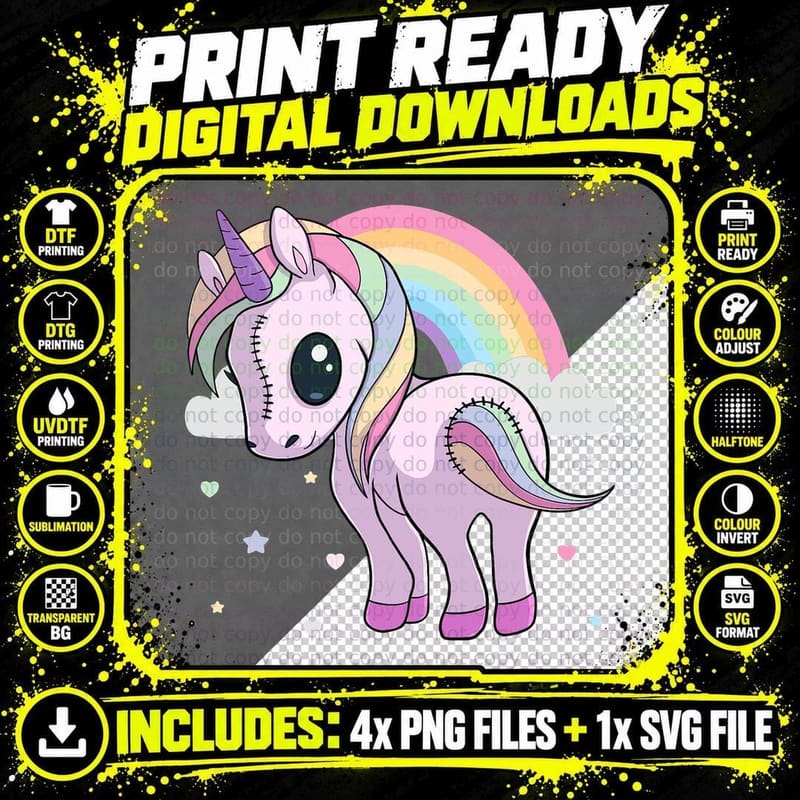 Fun Creepy Kawaii Pastel Goth Unicorn Cute Pastel Png SVG Digital Bundle