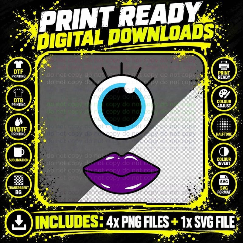 Funny Cute Goth Monster Face Eyeball Easy Halloween Png SVG Digital Bundle