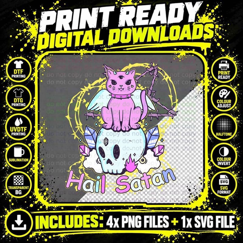 Funny Hail Satan Pastel Goth Demon Cat Creepy Cute Png SVG Digital Bundle