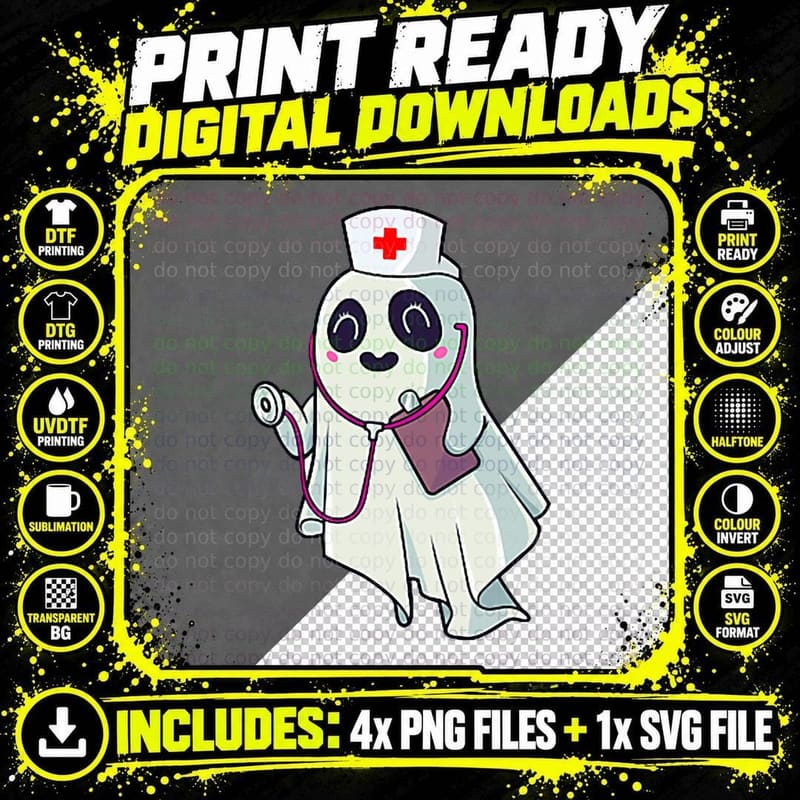 Funny Halloween Costume Cute Pocket Ghost Nurse Scrub Png SVG Digital Bundle