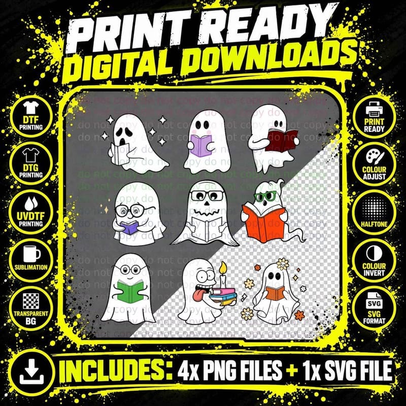 Funny Halloween Cute Ghost Book Reading School Teacher Png SVG Digital Bundle