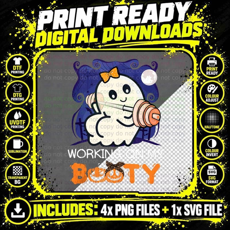 Funny Halloween Gym Ghost Working on My Booty Boo-Ty Png SVG Digital Bundle