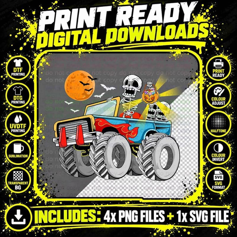 Funny Halloween Skeleton Monster-Truck Kids Boys Toddler Png SVG Digital Bundle