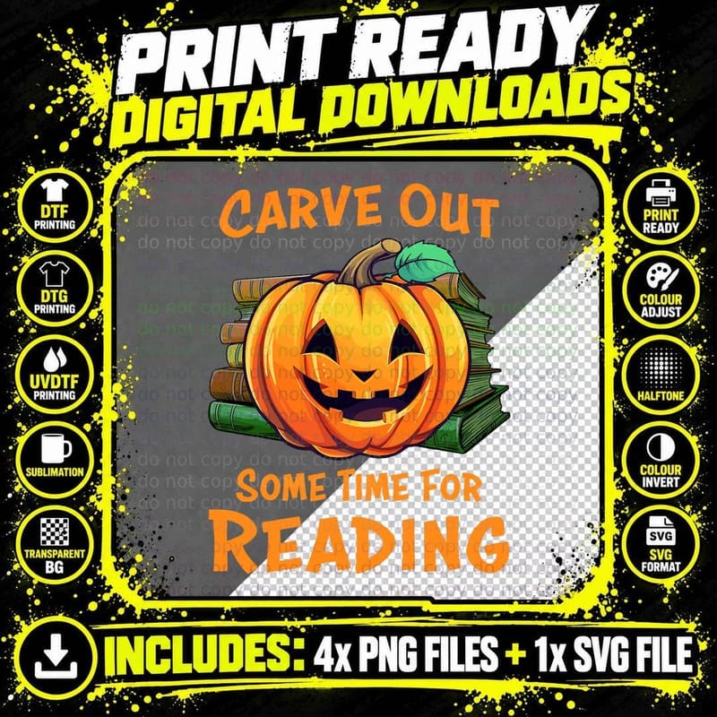 Funny Halloween Teacher Librarian Pumpkin Reading Books Png SVG Digital Bundle