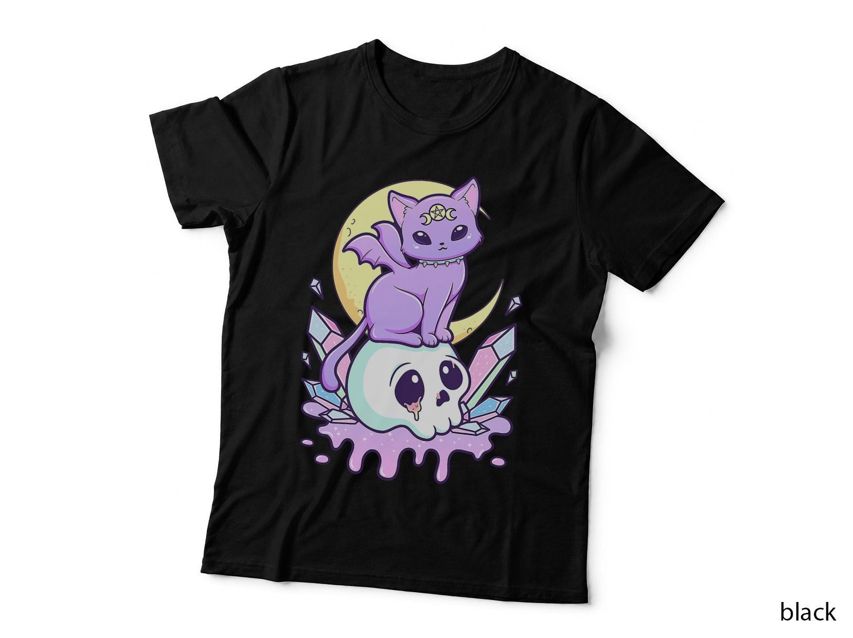 Funny Kawaii Pastel Goth Cute Creepy Witchy Cat and Skull T-Shirt