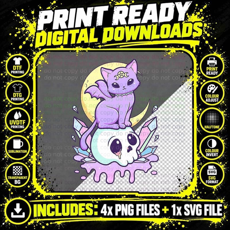 Funny Kawaii Pastel Goth Cute Creepy Witchy Cat and Png SVG Digital Bundle