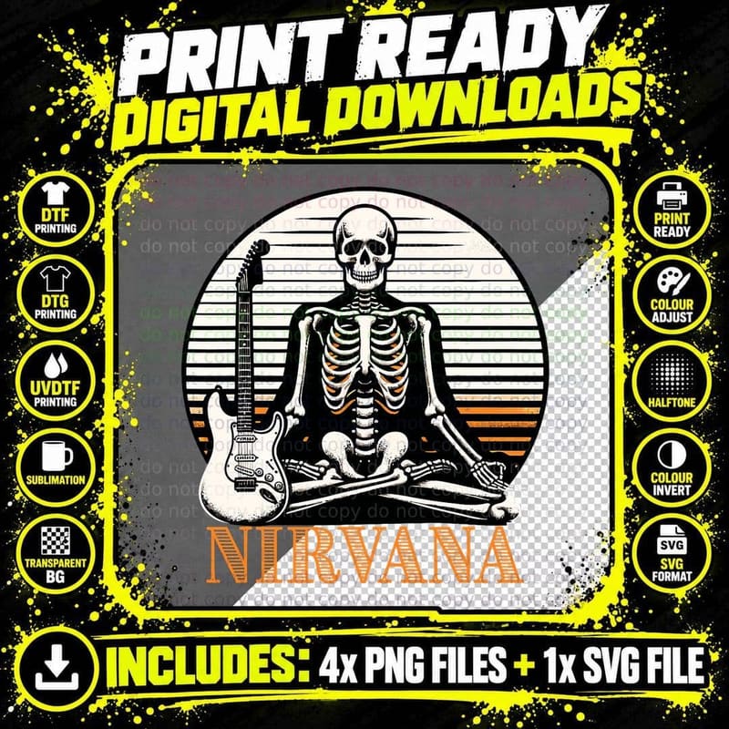 Funny Nirvana Guitar Skeleton Music Lovers Guitarist Png SVG Digital Bundle