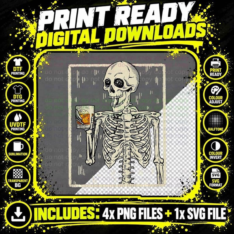 Funny Skeleton Drinking Bourbon Whiskey Halloween Png SVG Digital Bundle