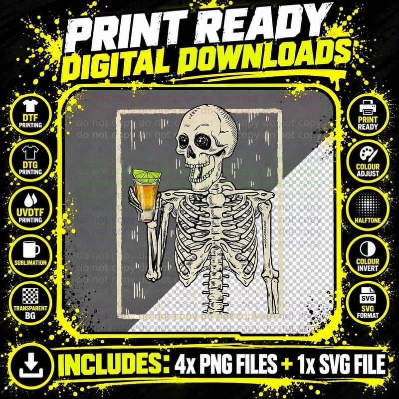 Funny Skeleton Drinking Tequila Halloween Mexican Png SVG Digital Bundle