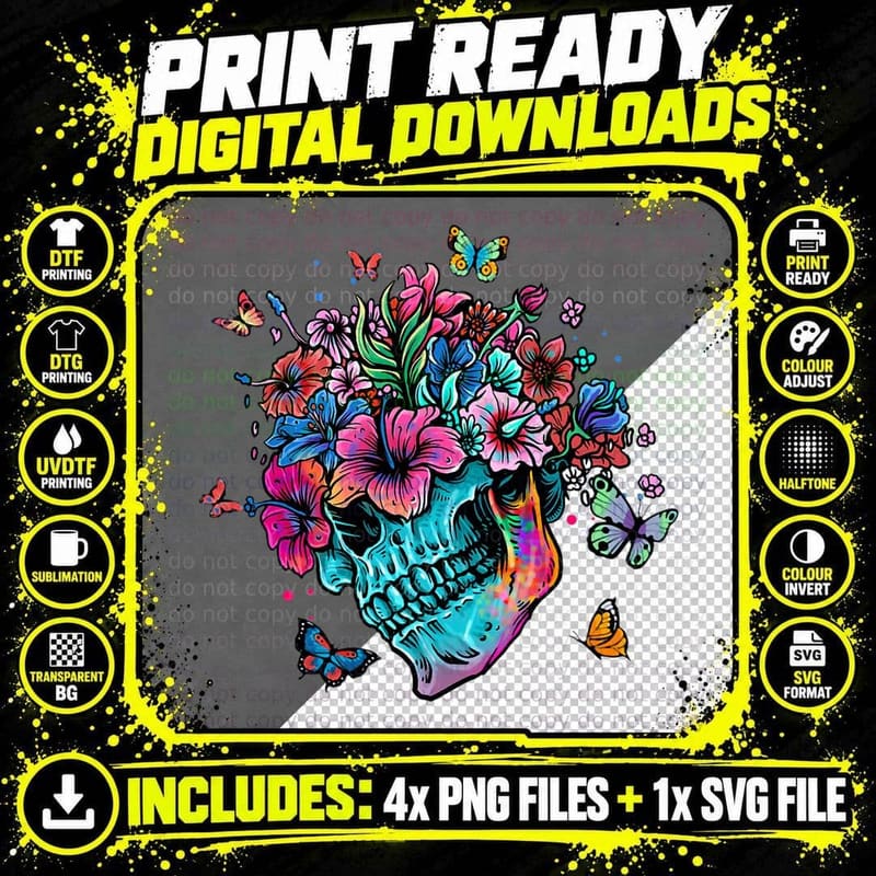 Funny Skeleton Flowers Tulip Sugar Skull Tree Floral Png SVG Digital Bundle