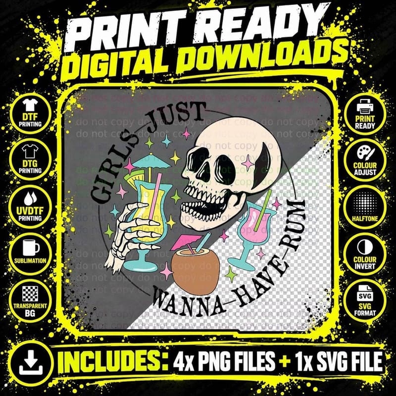 Funny Skeleton Girls Just Wanna Have Rum Summer Beach Png SVG Digital Bundle