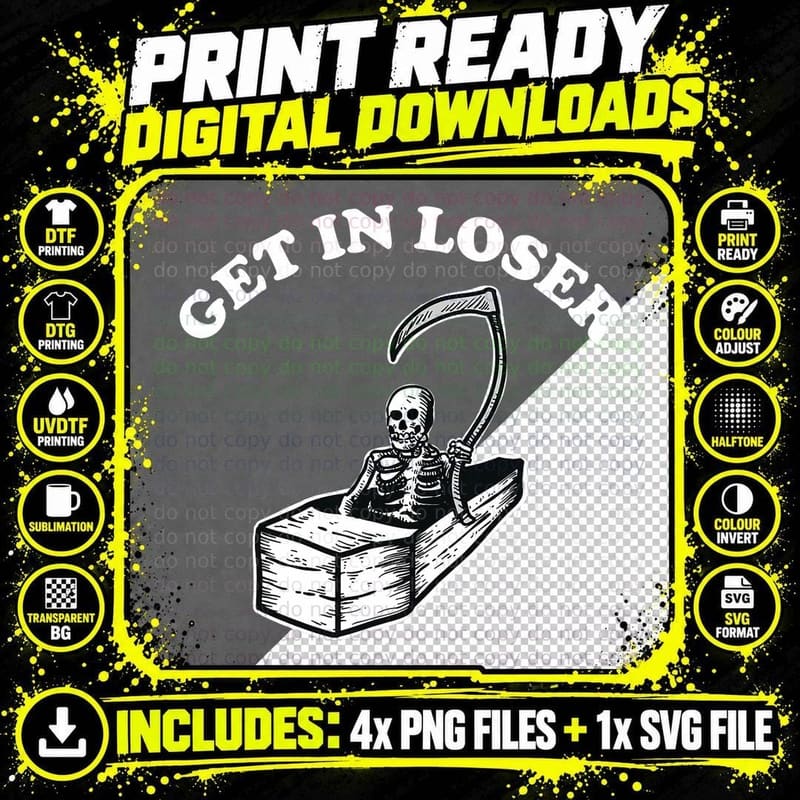 Get in Loser Grim Reaper Coffin Pastel Goth Halloween Png SVG Digital Bundle