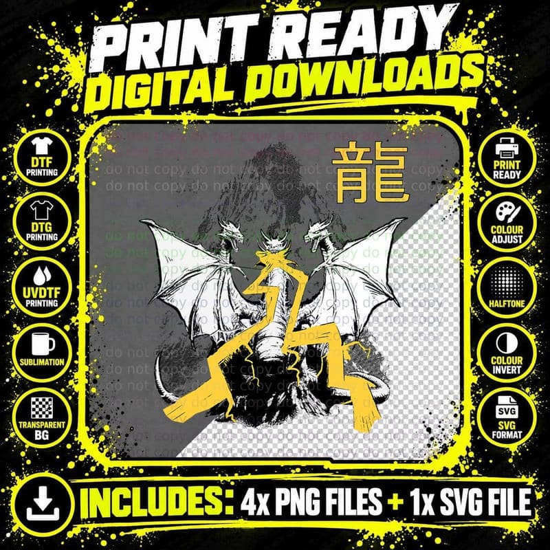 Ghidorah Vintage Japanese, Godzilla Monster, Kaiju Png SVG Digital Bundle