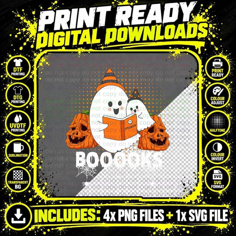 Ghost Boo Reading Booooks Pumpkin Teacher Kids Halloween Png SVG Digital Bundle