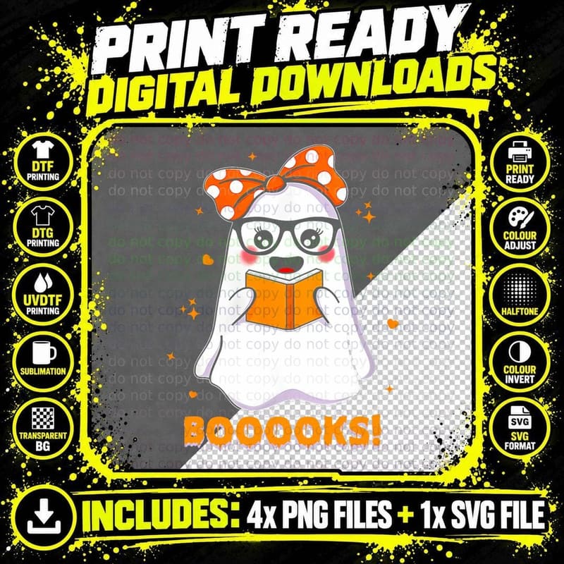 Ghost Book Reading Halloween Costume Teacher Books Lover Png SVG Digital Bundle